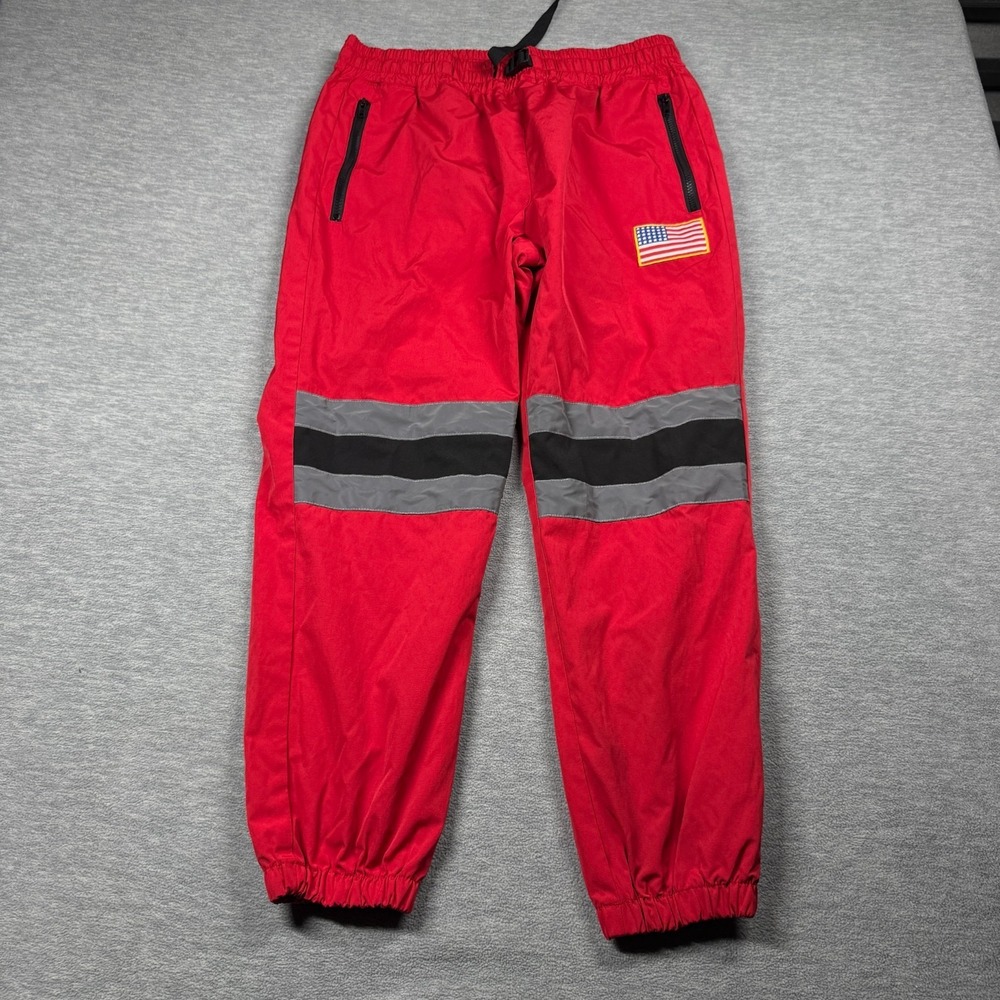 Forever 21 Pants Men Size Large L Red Jogger Track Pants Reflective US Flag Patc